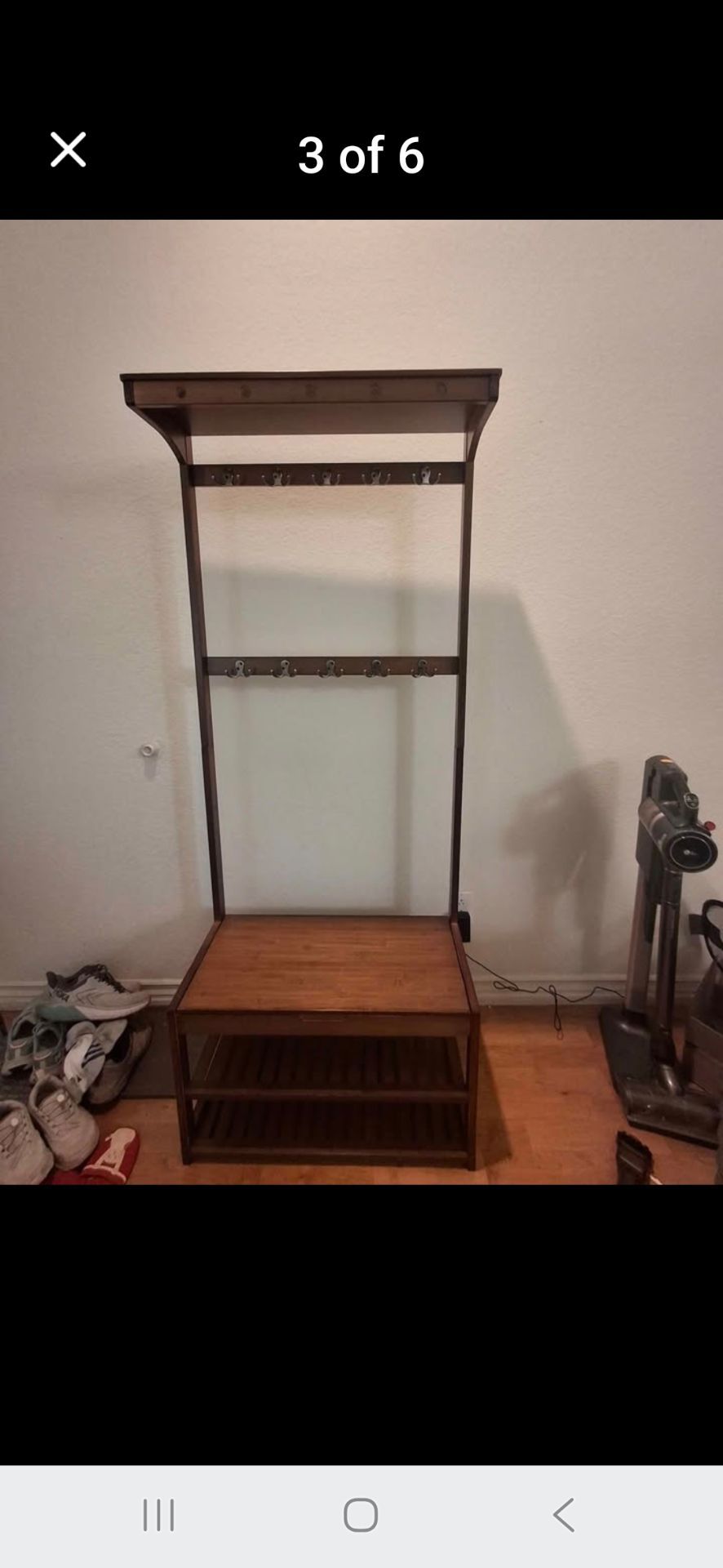 Bamboo Hall Tree with Bench & Shoe Storage – Dark Walnut