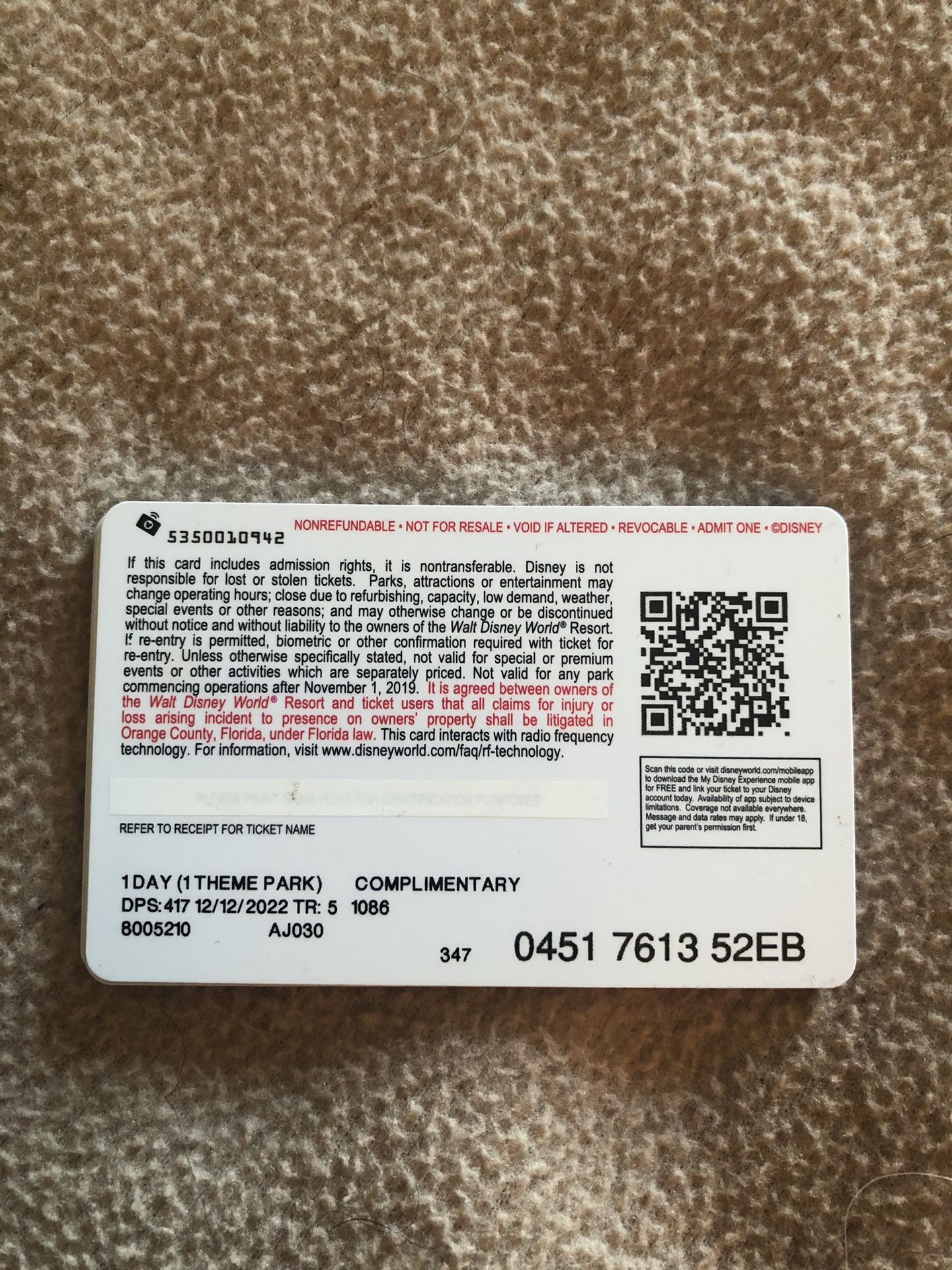 Disney Theme Park Entry Passes