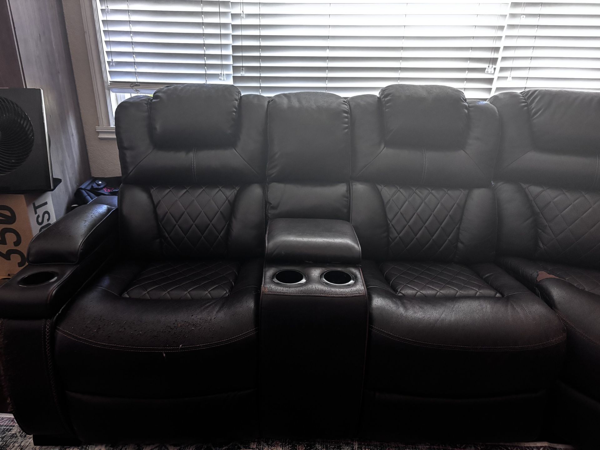 NEED GONE 3 piece section faux leather couch with three recliners and usb and charging port used fair