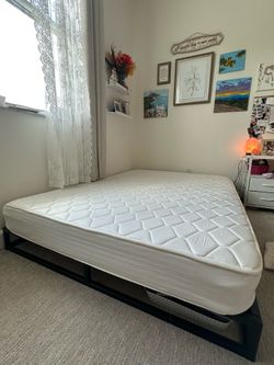 Full Size Low Platform Bed + Mattress + Nightstand Set
