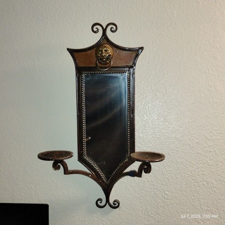 Vintage Ornate Wrought Iron Framed MIRROR w / 2 Candle Sconces attached- Bronze