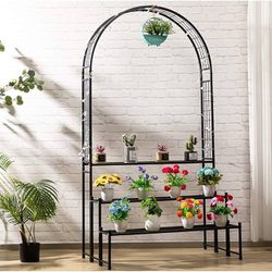 DOEWORKS 3 Tier Plant Stand with Garden Arch, Flower Pot Holder Display Shelf, Garden Arbor for Climbing Plants, Black