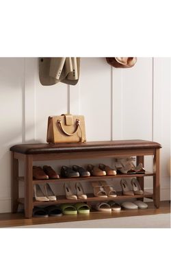 Wood Shoe Rack Bench for Entryway, Shoe Rack for Front Door Entrance with Leather Cushion, 2 Tier Shoe Bench with Shoe Storage for Entryway, Bedroom.