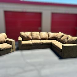 Free Delivery- brown hide L shaped sectional couch and chair