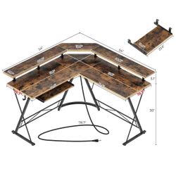 Rustic Brown Corner L Shaped Computer office Desk 54" or Gaming Desk and side cabinet