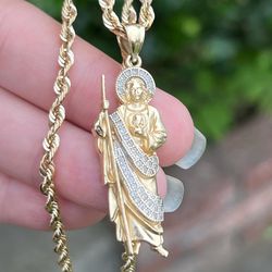 Solid 14k gold religious st. Jude natural diamond pendant- 10k rope chain available as well
