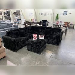 Jumbo corduroy sectional sofa with ottoman Black color