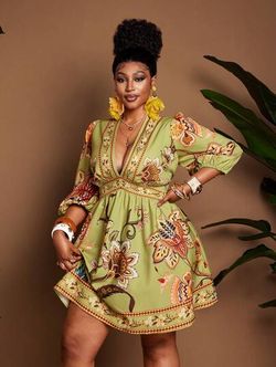 Women's Floral Print Deep V-Neck Dress with Lantern Sleeves