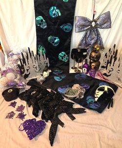 Complete Gothic Halloween Decor Lot! Velvet Skull Table Runner, Wine Glasses, Lights & Accessories