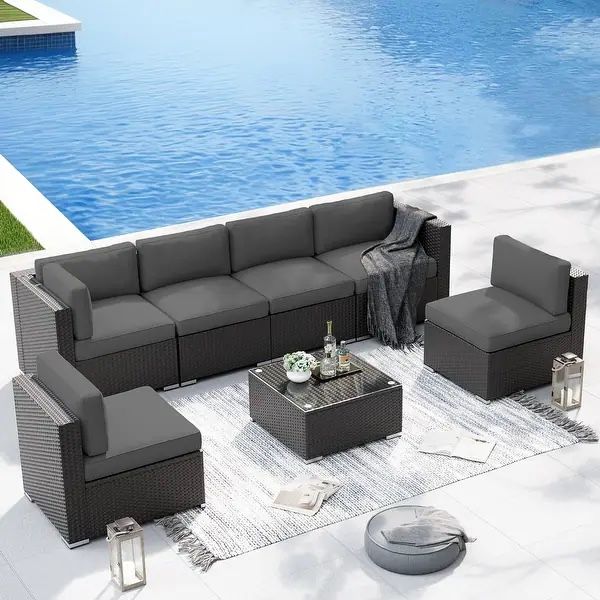 7PC Rattan Wicker Sofa Set Sectional Couch Cushioned Furniture Patio Outdoor grey-grey