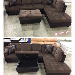 Brown Microfiber Sectional Couch And Ottoman