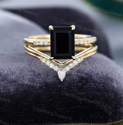 Beautiful Black Onyx Emerald Three piece diamond ring