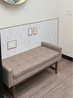 Beige Tufted Bench with Wood Legs & Arms