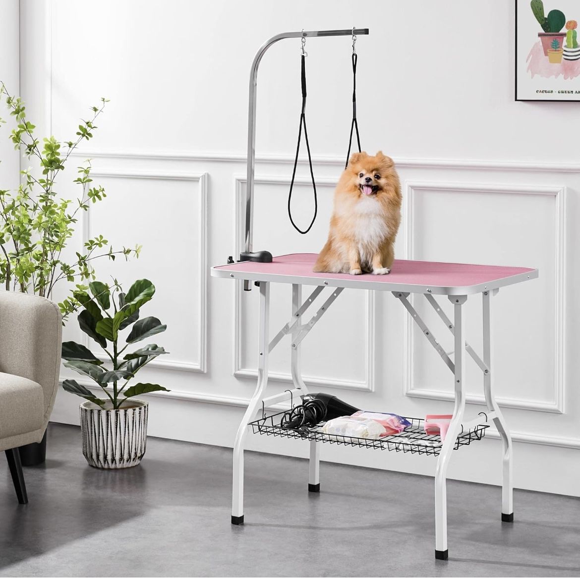 36'' Dog Grooming Table, Adjustable Pet Foldable Grooming Table w/Double Loops/Mesh Tray Maximum Capacity Up to 220lbs, Pink