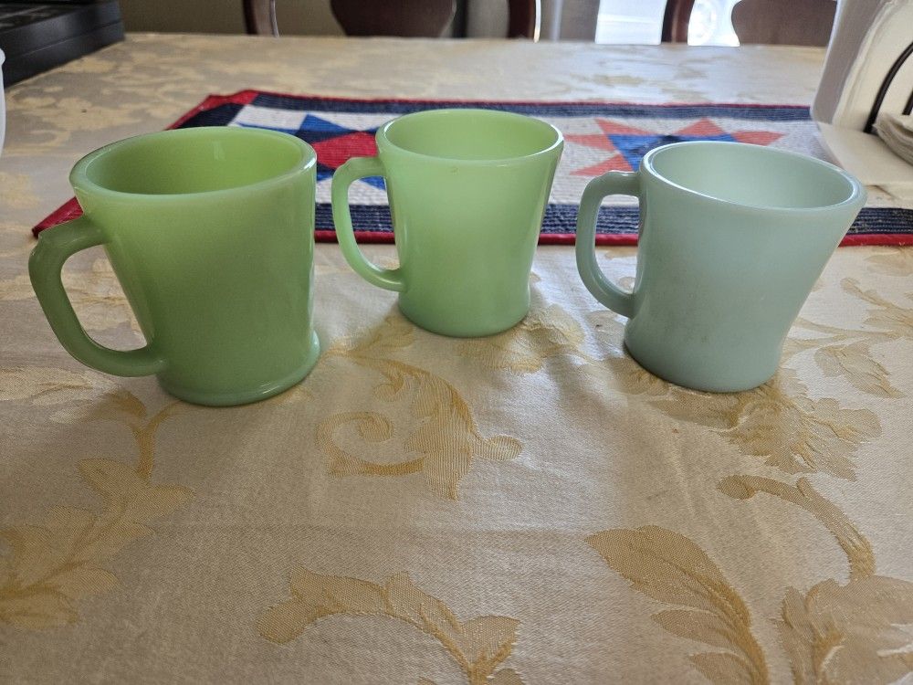 3 Fire King Mugs, 2 Jadeite And One Delphite