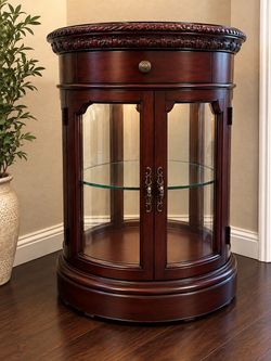 21" Round Marble Top Display Cabinet - Cherry Wood Glass Door Side Table-excellent condition -$145 OBO