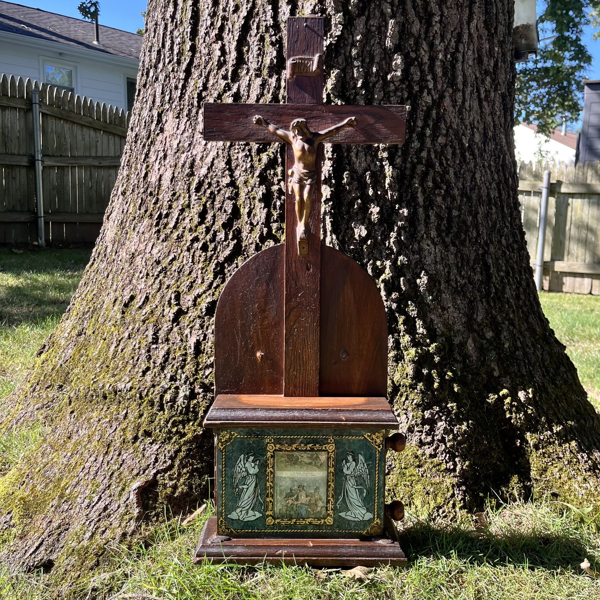 Antique Wood Shrine Catholic Religion Relic Ninth Station Of Cross Gothic Wall Tabletop Display Home Alter