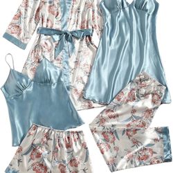 New Women's 5 Piece Satin Pajama Set Green Size Medium