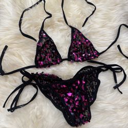 New one size metallic pink sequin bikini y2k festival rave outfit raver lingerie dance  