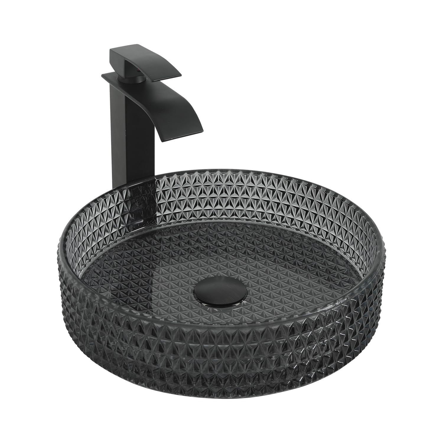 Diamond Shape Bathroom Crystal Glass Vessel Sink with Black Faucet and Pop up Drain Grey