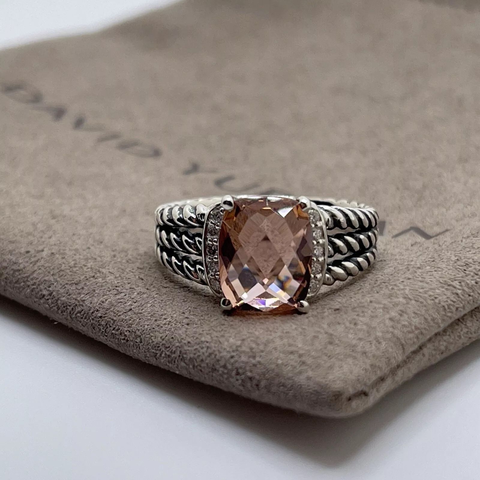 David Yurman Sterling Silver Petite Morganite & Diamond Wheaton Ring Size 7