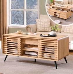 OKD Coffee Table w/Sliding Slatted Door, 48" Mid Century Modern Wood Center Table w/Hidden Storage Compartment & Adjustable Shelf, Lift Tabletop Dinin