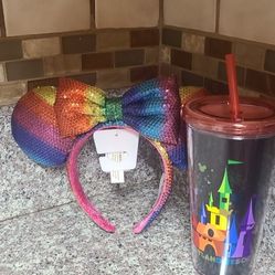 Disney ears headband And  Tumbler cup With/ Straw, Rainbow design