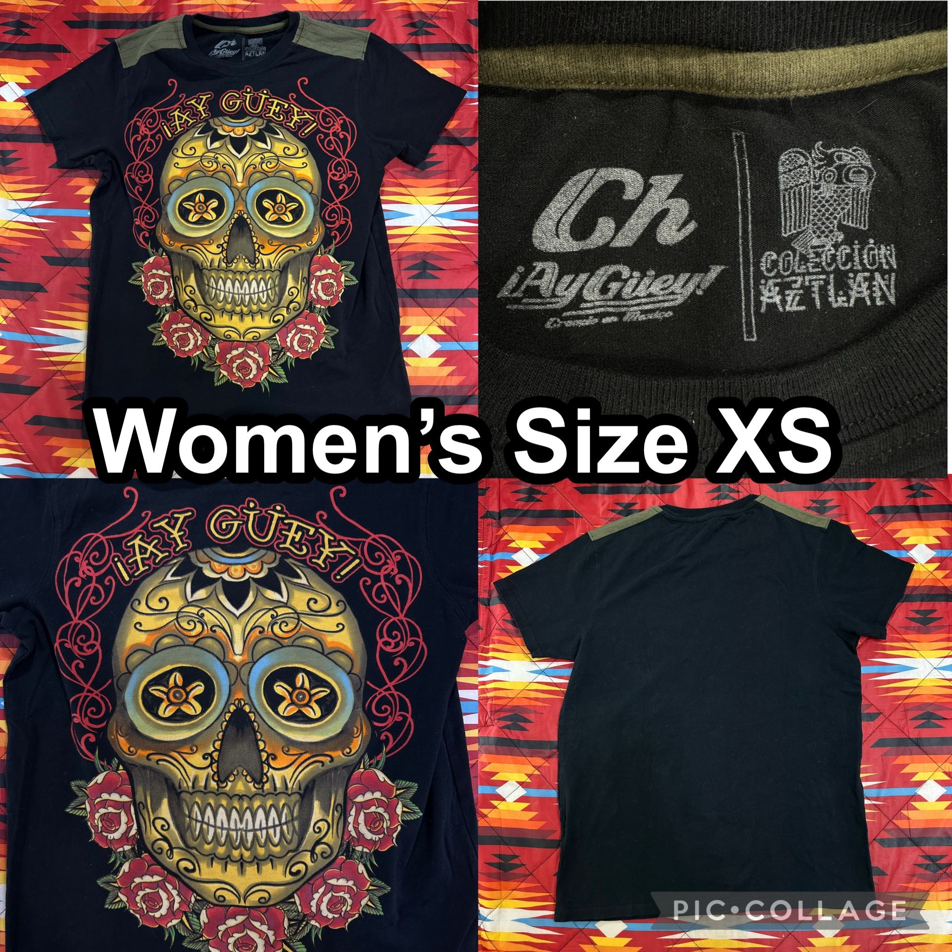 Ay Guey Colección Aztlan Big Sugar Skull Black T-Shirt Women’s Size XS