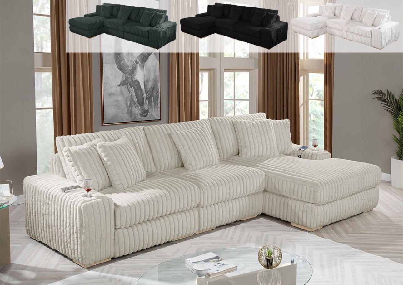 Reversible Sectional in Striped Fluffy Fabric