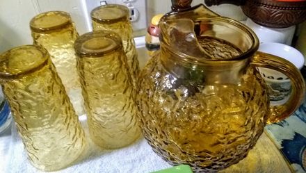 Vintage Amber glass pitcher with set of 4 glasses
