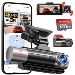 4K+4K+1080P 3 Channel Dash Cam Front and Rear with Cabin, Free 128GB Card Included, 5.8GHz WIFI6 - up to 20MB/s, IR Night Vision, Built-in GPS, G-Sens