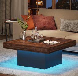 35.4-Inch Square Coffee Table with LED Light, Modern Wood Coffee Table, Large Center Table, Rustic Brown & Black