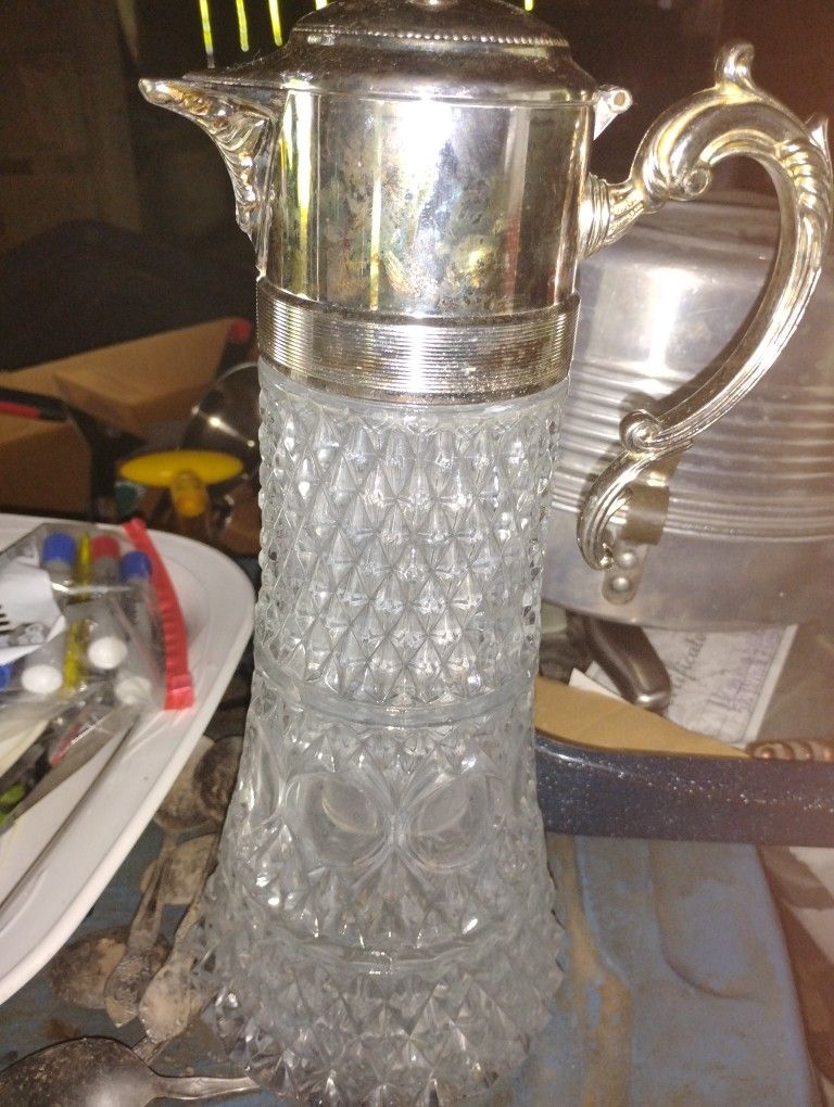 VINTAGE CRYSTAL  AND SILVER PLATED  PITCHER