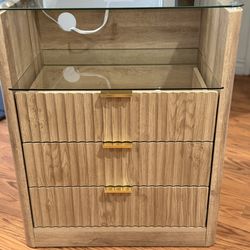 Modern Wood Nightstand with Glass Shelf & Charging Hole
