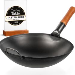YOSUKATA 14" Carbon Steel Wok with Round Bottom – Pre-Seasoned Pow Wok for Stir Fry