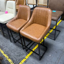 Bar Stools Set of 2, 24 Inch Counter Height Bar Stools with Back and Metal Frame, Upholstered Leather Barstools for Kitchen Island, Home Bar, Counter,