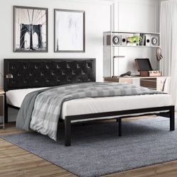 Amolife King Size Metal Bed Frame with Faux Leather Upholstered Headboard, Black