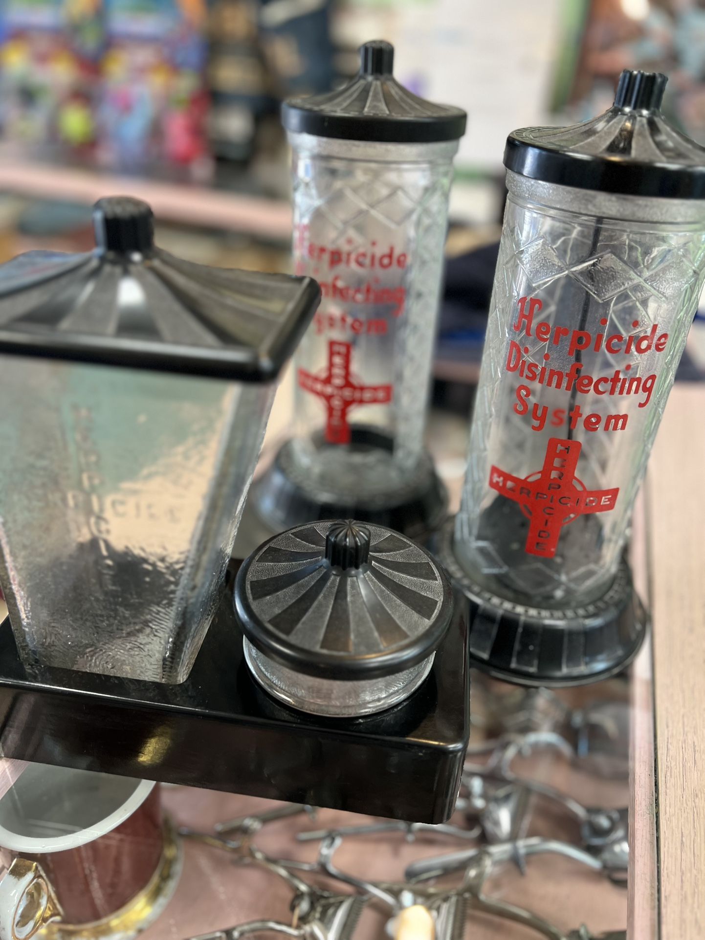 Antique Herpicide Disinfecting System Jar Set Vintage Barber Supply