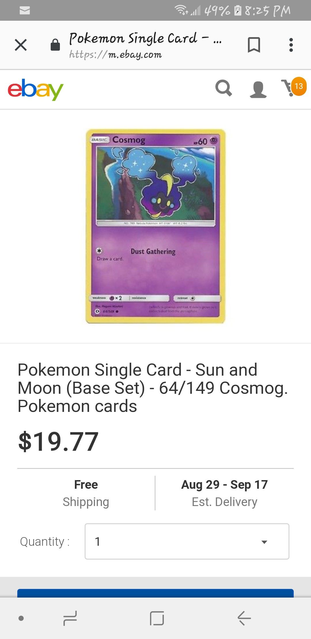Cosmog Pokemon card
