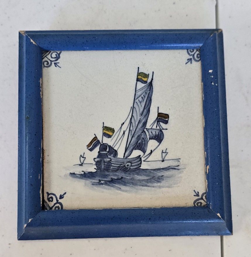 Framed Delft Sailboat Tile in motion, handpainted from Holland