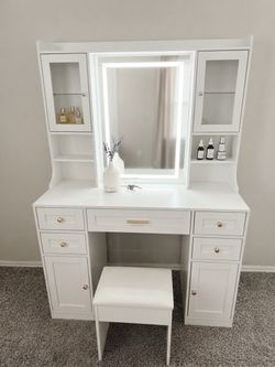 White Vanity Desk with Mirror and Stool Touch Screen LED mirror