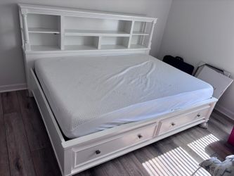 Full bed frame, solid wood with shelves and drawers