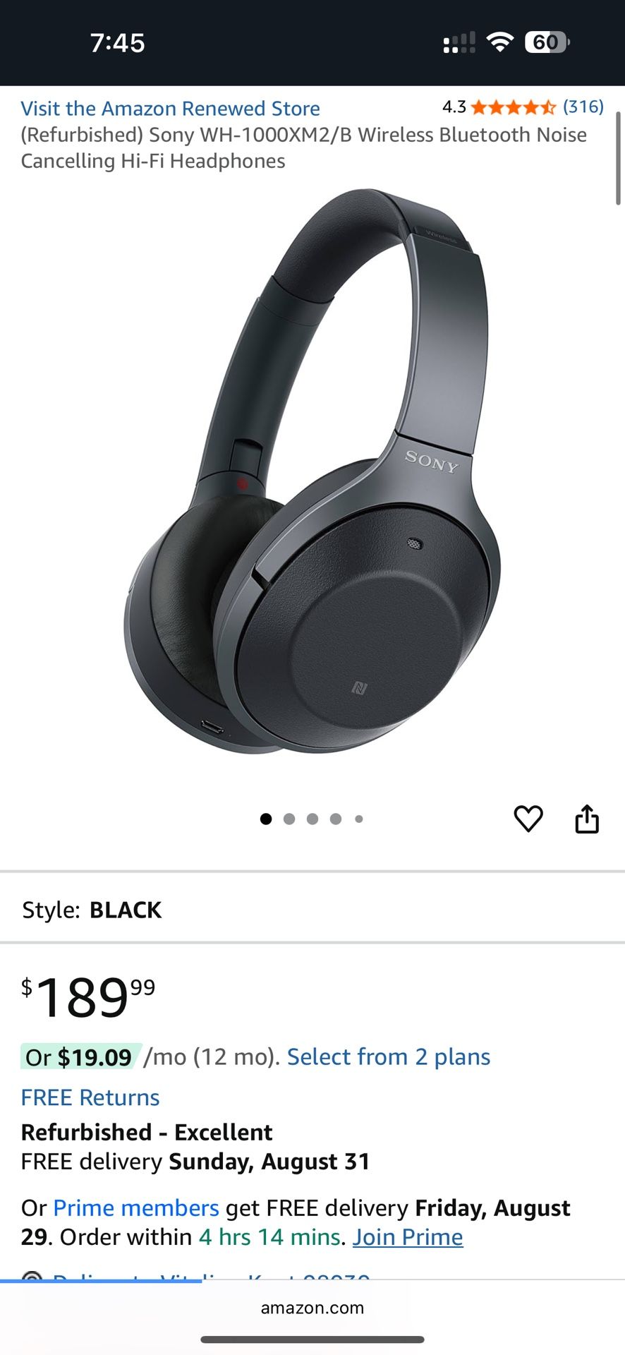 Sony WH-1000XM2/B Wireless