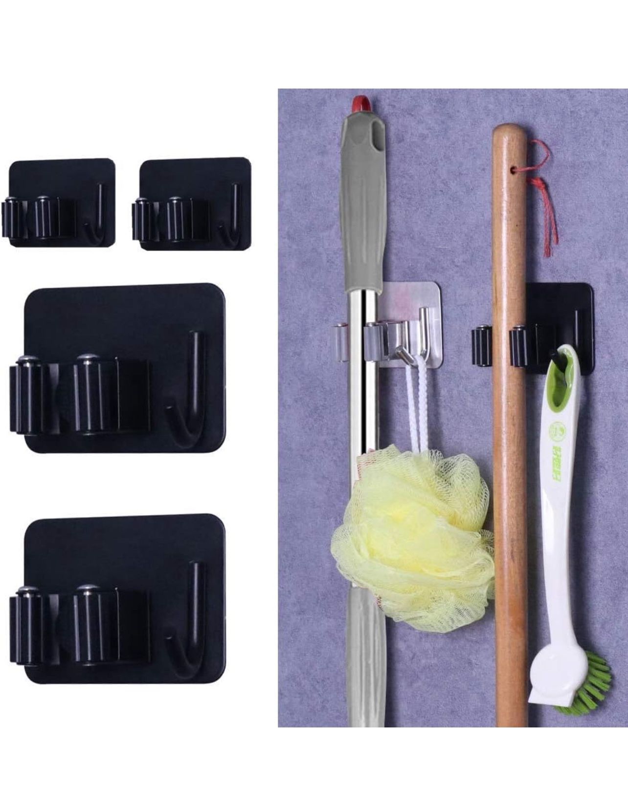 Broom Holder Wall Mounted -Garage Storage Rack&Garden Tool Organizer (Black) 4pcs