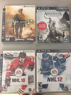 PS3 Assassins Creed lll, NHL 10, NHL 12, Call of Duty Modern Warfare 2