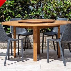 BRAND NEW FREE SHIPPING 7 Piece 100% FSC Solid Hardwood Dining Set Lazy Susan Table With Grey Chairs | Ideal Furniture Set For Outdoor