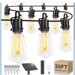 Solar String Lights Outdoor Waterproof 35FT with Shatterproof ST38 LED Bulbs, 2700K Solar Lights with Remote, Solar String Lights for Outside, Camping