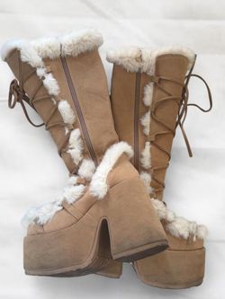 Demonia Camel-311 Camel Platform Boots with Faux Fur