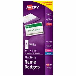 Avery Pin Style Clear Name Badges W/ White Inserts 24-Pack 2-1/4" x 3-1/2" 74652