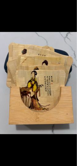 Brand New Vintage Chinese Bamboo Coaster Set with Holder
